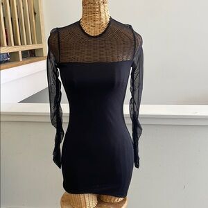 Black Bodycon Dress with Bishop Sleeves and Crew Neck